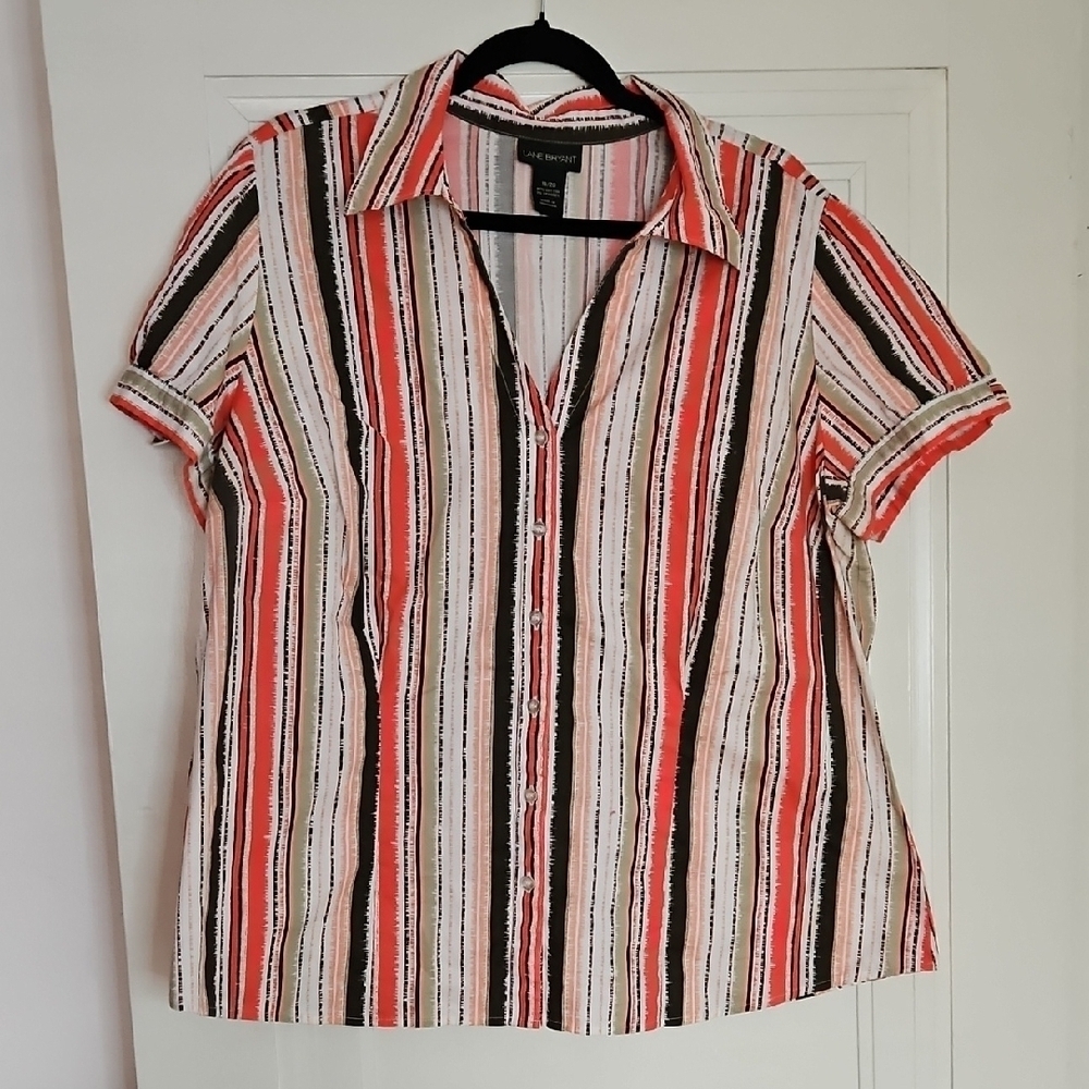 Layne Bryant Striped Coral, Brown, White Button-down, Short Sleeves, Sz 18/20